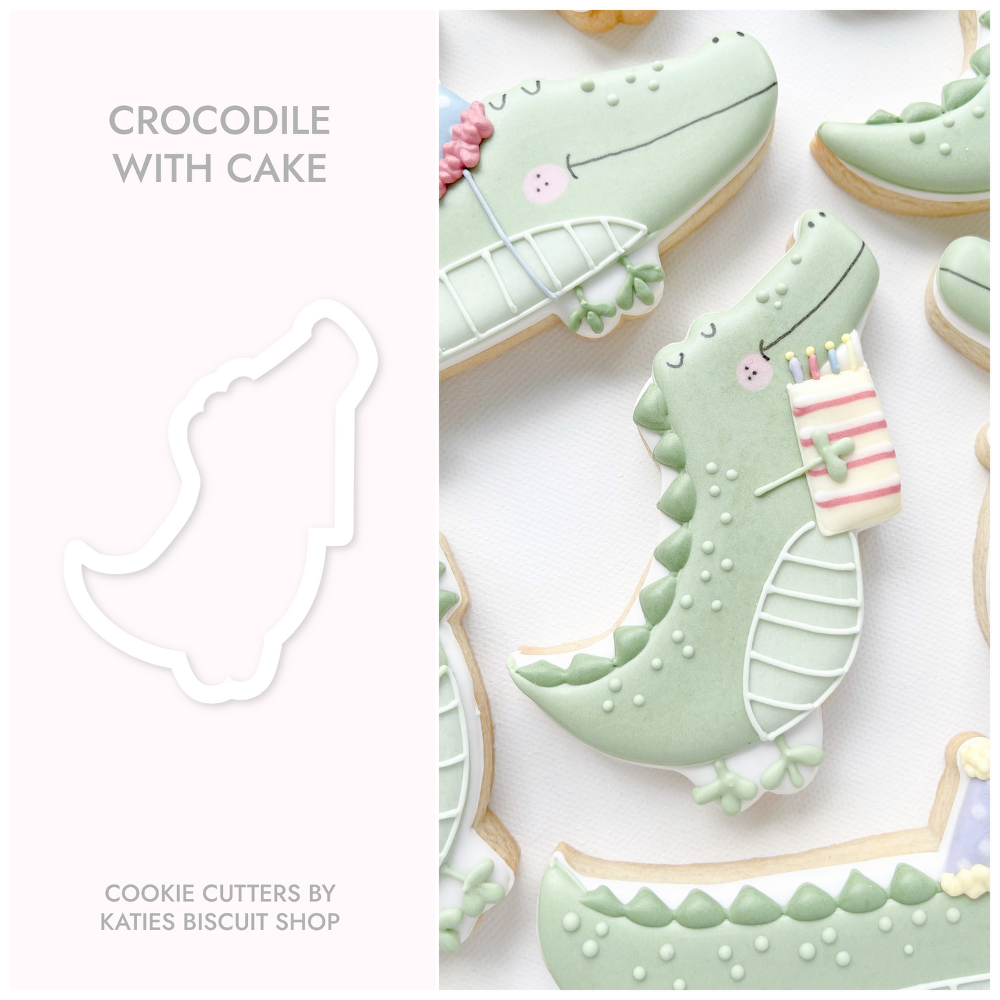 3D printed cookie cutter by katies biscuit shop in the shape of a crocodile holding a cake 