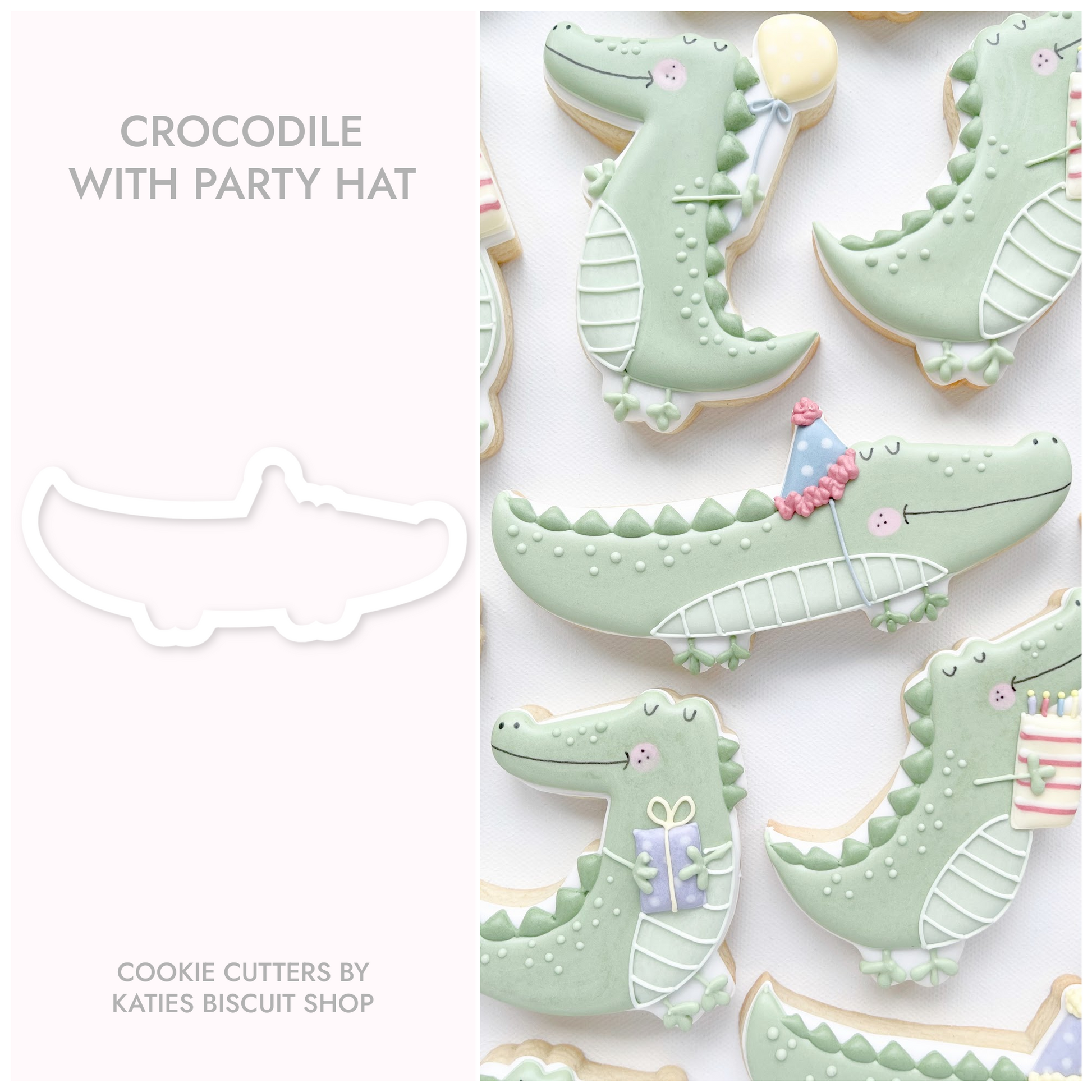 3D printed cookie cutter by katies biscuit shop in the shape of a crocodile wearing a party hat 